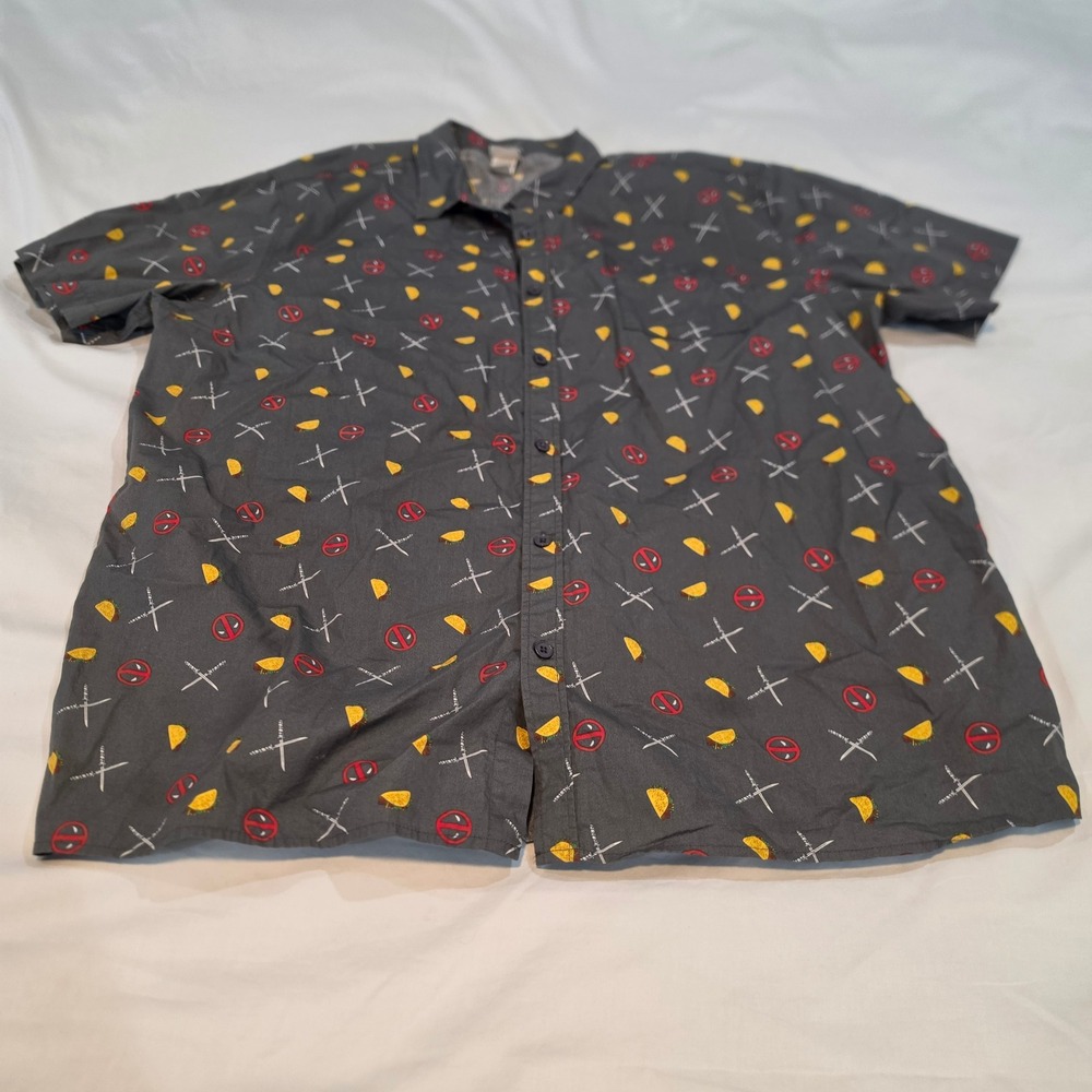 Marvel Deadpool Button Down Shirt Mens XXL Gray Taco Katana Excellent Graphic